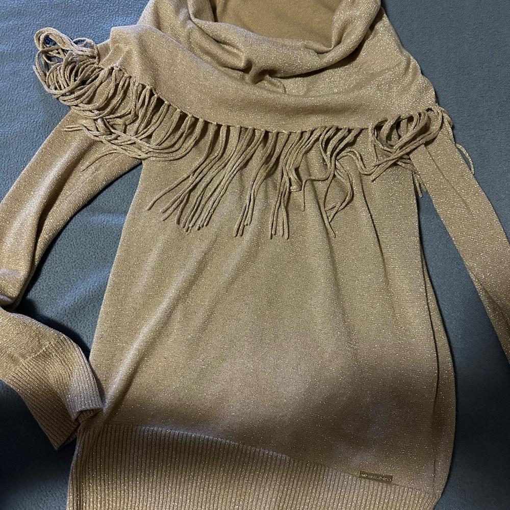 Michael Kors Elegant Tan/Gold Sweater with Fringe